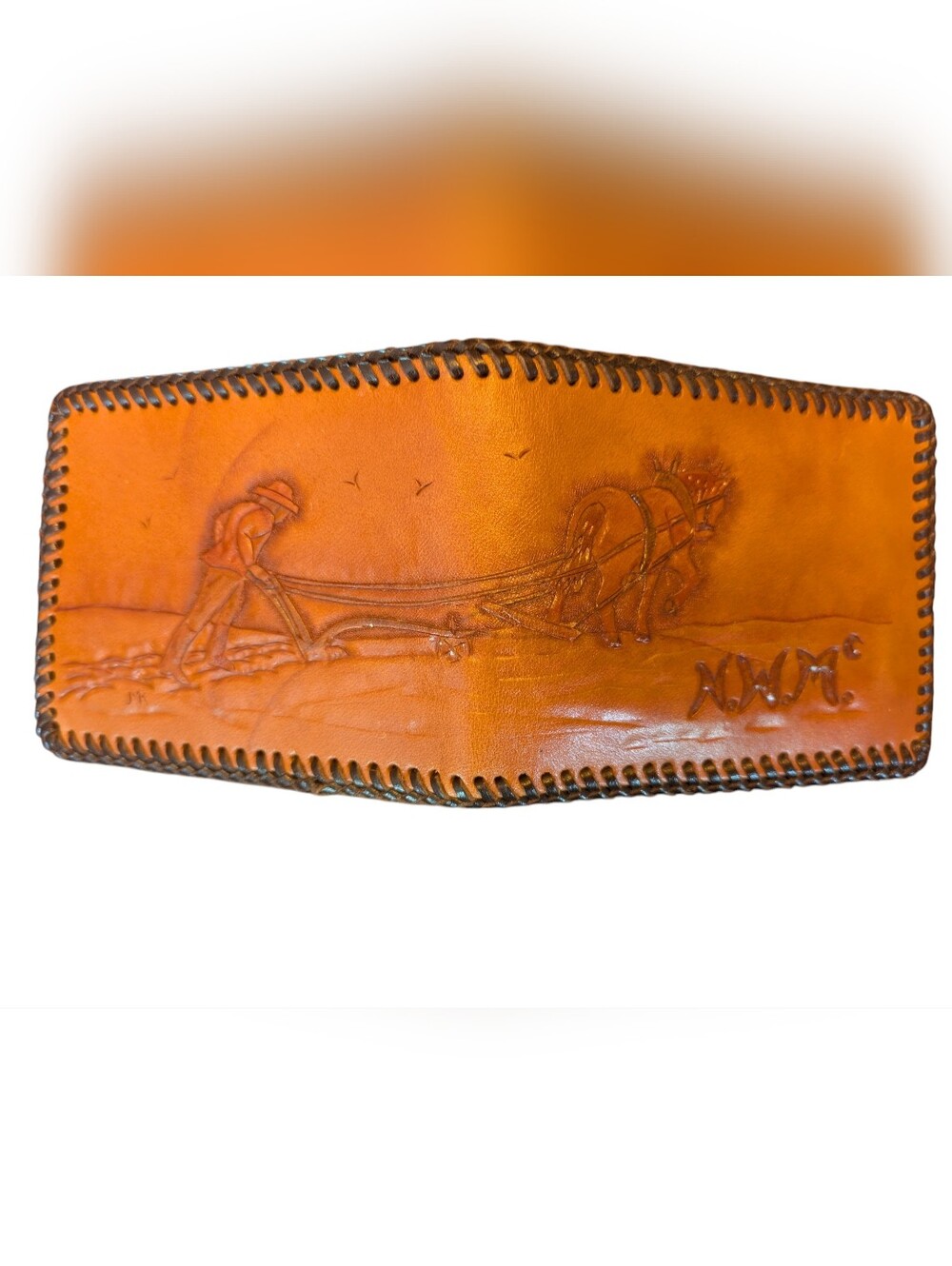 Hand-Tooled Vintage Leather Bi-fold Wallet with Horse & Plow Scene - Tan